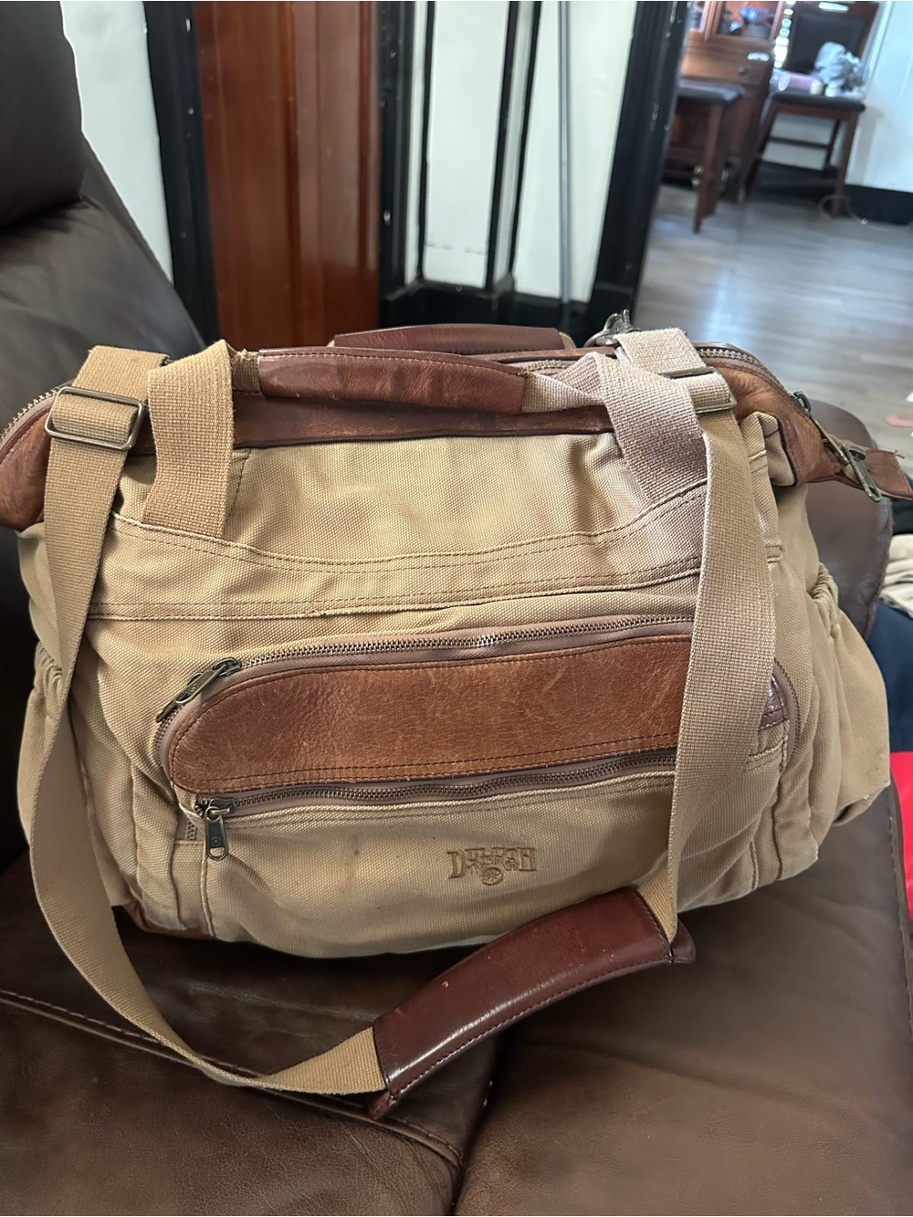 Duluth Trading Co Tan Canvas Duffel with Brown Leather Accents - Picture 2 of 13